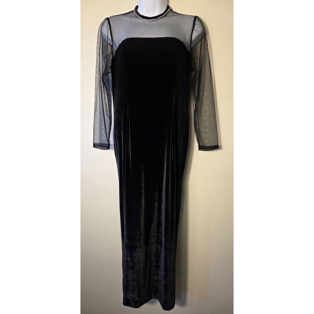 Karen Kane S Black Velvet Maxi Dress Sheer Mesh Illusion Sleeve Rhinestone Neck